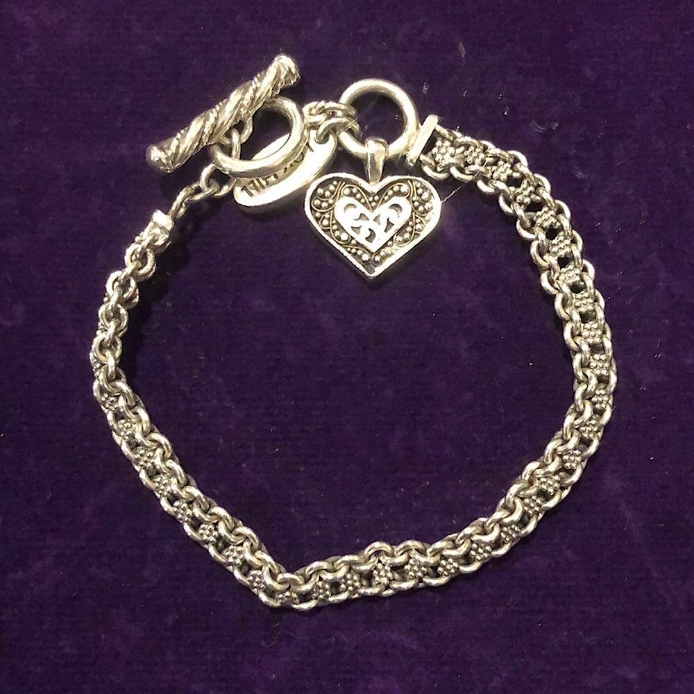 LOIS HILL Sterling Silver Heart Charm Toggle Bracelet with Cut Out Caviar Accent